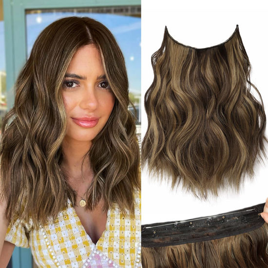 Picture of KooKaStyle Invisible Wire Hair Extensions with Transparent Headband Adjustable Size 4 Secure Clips Long Wavy Highlight Hairpiece 12 Inch Balayage Chocolate Brown to Caramel Blonde for Women