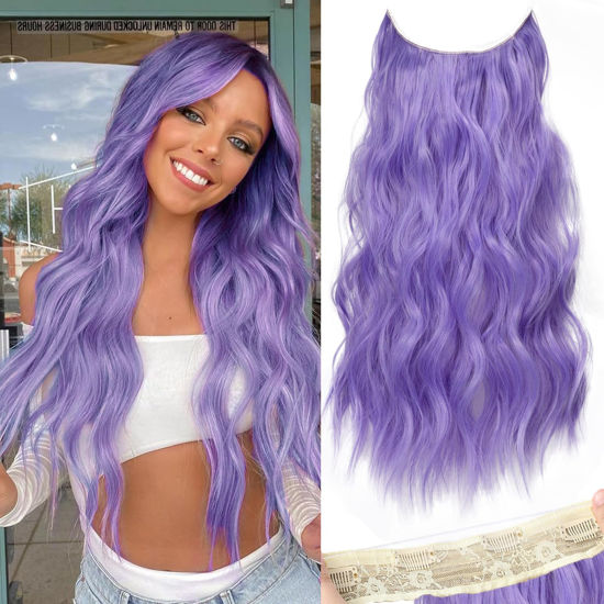 Picture of KooKaStyle Invisible Wire Hair Extensions with Transparent Headband Adjustable Size 4 Secure Clips Long Wavy Secret Wire Hairpiece 20 Inch for Women(Lavender)