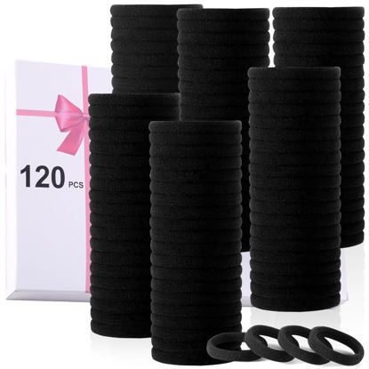 Picture of LuSeren 120 Pcs Black No Damage Hair Ties for Women Thick Hair, Large Soft Seamless Nylon Cloth Fabric Elastic Hair Ties Ponytail Holders Hair Elastics Hair Band,Perfect Valentine's Day Gift for Women