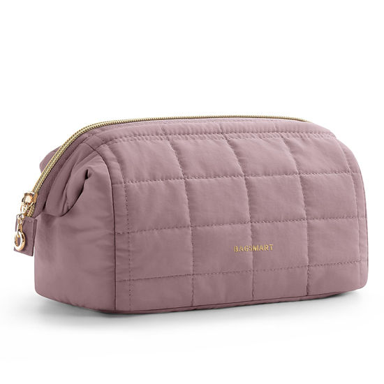 Picture of BAGSMART Makeup Bag Travel Cosmetic Bag, Puffy Padded Make Up Bags for Women Makeup Organizer Case, Wide-open Pouch Purse Travel Essentials Toiletries Accessories Brushes, Grayish Purple
