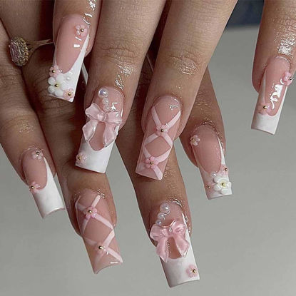 Picture of Foccna Press on Nails Medium Long Rhinestone Pink Fake Nails Square Bling Glossy 3D Flower False Nail Tips Artificial Nails Finger Manicure for Women and Girls-24pcs