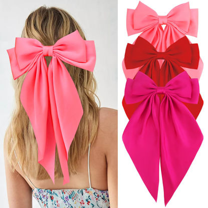 Picture of Velscrun Hair Bows for Women Girls 3Pcs Pink Red Rose Red Silky Satin Large Bows Hair Clip Oversized Hair Ribbons Long Tail Big Bows Hair Accessories