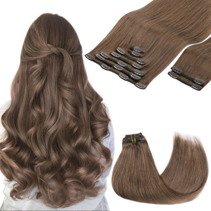Picture of GOO GOO Clip in Hair Extensions Real Human Hair, Remy Human Hair Extensions Clip ins for Women, Natural Human Hair, 14inch 150g 9Pcs, 5 Light Ash Brown