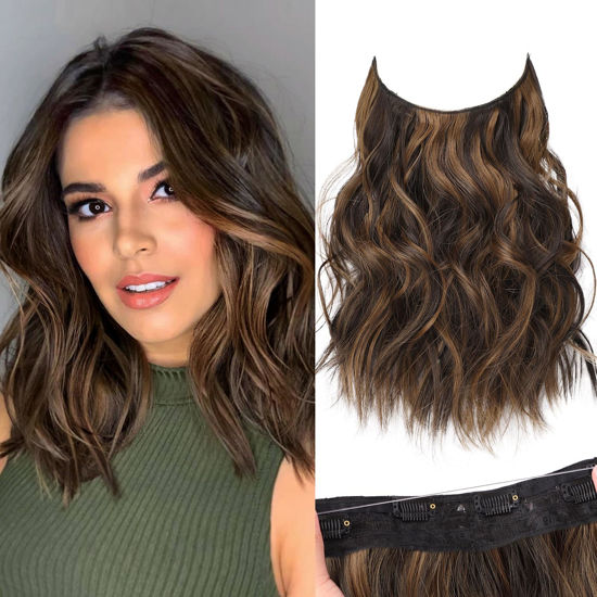Picture of KooKaStyle Invisible Wire Hair Extensions with Transparent Headband Adjustable Size 4 Secure Clips Long Wavy Highlight Hairpiece 12 Inch Balayage Dark Brown to Chestnut for Women