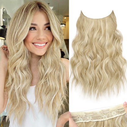 Picture of KooKaStyle Invisible Wire Hair Extensions with Transparent Wire Headband Adjustable Size 4 Secure Clips Long Wavy Hairpiece for Women(Beige Blonde H18/60A 16inch)