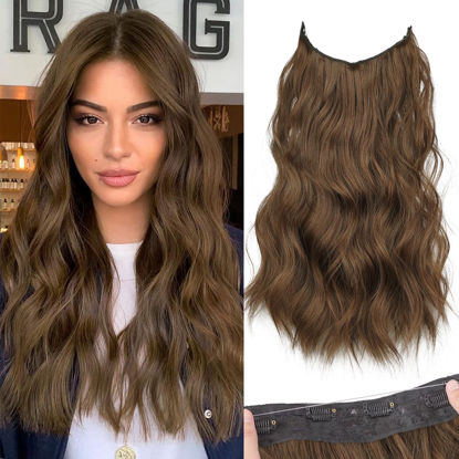 Picture of KooKaStyle Invisible Wire Hair Extensions with Transparent Wire Headband Adjustable Size 4 Secure Clips Long Wavy Hairpiece 16 Inch Medium Brown/4# for Women
