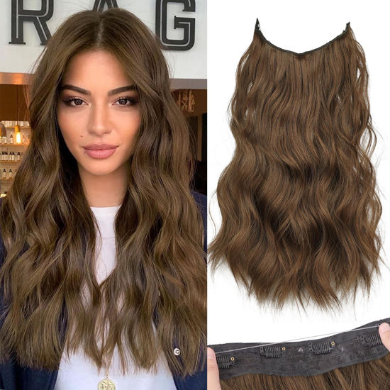 Picture of KooKaStyle Invisible Wire Hair Extensions with Transparent Wire Headband Adjustable Size 4 Secure Clips Long Wavy Hairpiece 16 Inch Medium Brown/4# for Women