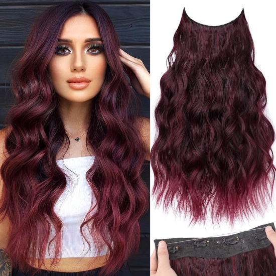 Picture of KooKaStyle Invisible Wire Hair Extensions with Transparent Headband Adjustable Size 4 Secure Clips Long Wavy Highlight Hairpiece 20 Inch Ombre Burgundy mix Black for Women