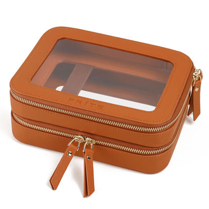 Picture of Prite Christmas Gifts Large Clear Makeup Bag Double Layer Makeup Bag for Women Travel Toiletry Bag Cosmetic Train Case with a Separate Brush Compartment for Car Essentials(Brown)
