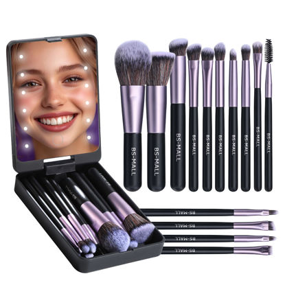 Picture of BS-MALL Travel Makeup Brush Set Foundation Powder Concealers Eye Shadows Makeup Set with LED light Mirror 14 Pcs (Purple)