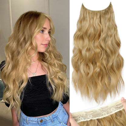 Picture of KooKaStyle Invisible Wire Hair Extensions with Transparent Headband Adjustable Size 4 Secure Clips Long Wavy Secret Wire Hairpiece 20 Inch Honey Blonde for Women