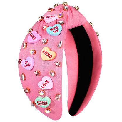 Picture of NVENF Valentine’s Day Headband for Women Love Heart Headband Jeweled Crystal Rhinestone Knotted Headband Red Pink Wide Top Knot Headband Valentine’s Day Hair Accessories Gifts (Letter 1 - Pink)