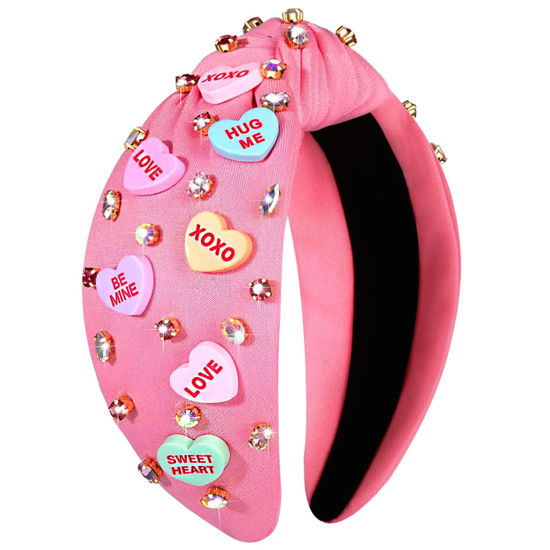 Picture of NVENF Valentine’s Day Headband for Women Love Heart Headband Jeweled Crystal Rhinestone Knotted Headband Red Pink Wide Top Knot Headband Valentine’s Day Hair Accessories Gifts (Letter 1 - Pink)