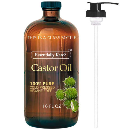 Picture of Castor Oil 16 Fl Oz (Glass Bottle) - Original Unrefined - A Huge Glass Bottle with a Pump - 100% Pure and Natural, Cold Pressed, and Hexane-Free - Hair Oil, Body Oil