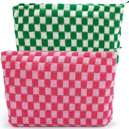 Picture of ZLFSRQ 2Pcs Checkered Makeup Bag for Women Large Capacity Cosmetic Bag Set Travel Makeup Pouch for Purse Zipper Toiletry Organizer Cute Y2K Aesthetic Trendy Makeup Brushes Storage Bag(Pink/Green)