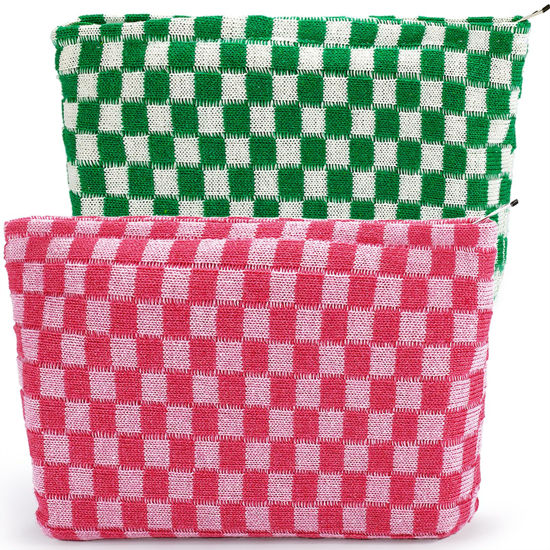 Picture of ZLFSRQ 2Pcs Checkered Makeup Bag for Women Large Capacity Cosmetic Bag Set Travel Makeup Pouch for Purse Zipper Toiletry Organizer Cute Y2K Aesthetic Trendy Makeup Brushes Storage Bag(Pink/Green)