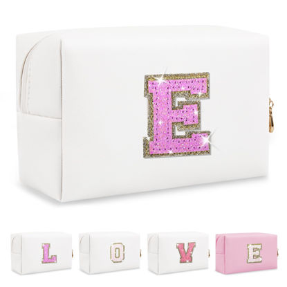 Picture of Small Initial Patch Makeup Bag Personalized Gifts Make Up Bag,White Cute PU Leather Glitter Letter Cosmetic Bag with Zipper,Trendy Portable Travel Toiletry Pouch,Preppy Stuff for Teen Girls Women E