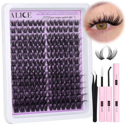 Picture of ALICE Cluster Eyelash Extension Kit Natural Wispy Lash Clusters Kit DIY Lash Extension Kit Fluffy 196pcs 10-18mm Individual Lashes with Mix 4-7mm of Lash Band Lash Glue Lash Twezeers