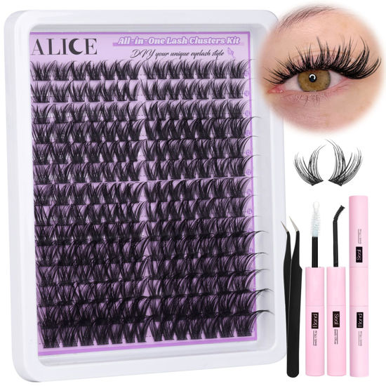 Picture of ALICE Cluster Eyelash Extension Kit Natural Wispy Lash Clusters Kit DIY Lash Extension Kit Fluffy 196pcs 10-18mm Individual Lashes with Mix 4-7mm of Lash Band Lash Glue Lash Twezeers