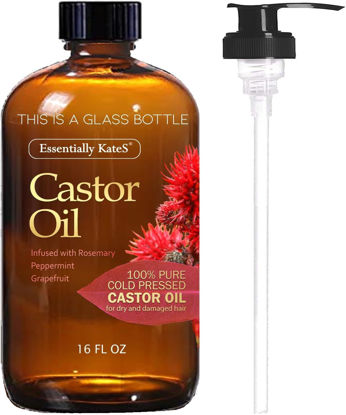 Picture of Castor Oil 16 Fl Oz (Glass Bottle) - Rosemary Peppermint Grapefruit Infusion - A Huge Glass Bottle with a Pump - 100% Pure and Natural, Cold Pressed, and Hexane-Free - Hair Oil, Body Oil