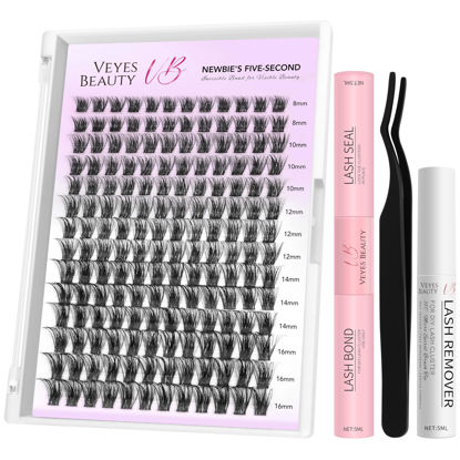 Picture of VEYESBEAUTY Lash Clusters Kit Individual Eyelash Extensions Thin & Invisible Band DIY False Eyelashes Newbie's Five-Second Series Wispy Lash Tray, Bomb KIT with Bond&Seal Remover Applicator