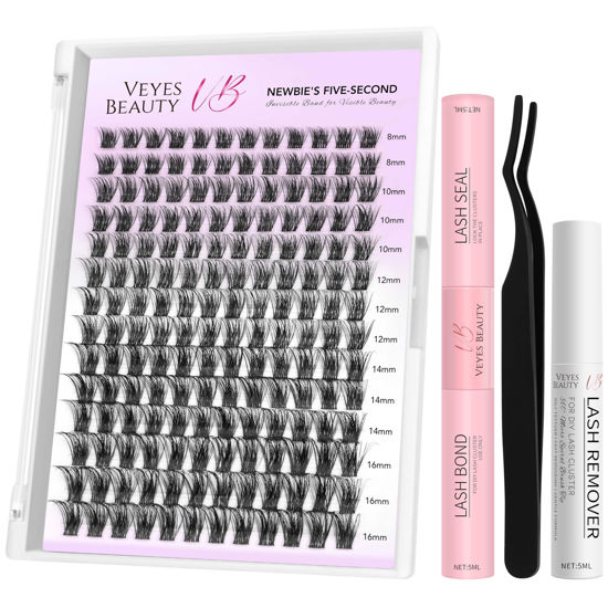 Picture of VEYESBEAUTY Lash Clusters Kit Individual Eyelash Extensions Thin & Invisible Band DIY False Eyelashes Newbie's Five-Second Series Wispy Lash Tray, Bomb KIT with Bond&Seal Remover Applicator