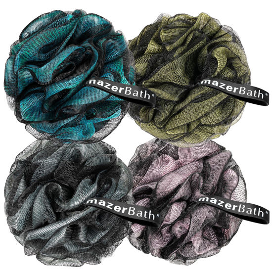Picture of AmazerBath Charcoal Loofah Sponge, Shower Loofah 60g/PCS - Body Scrubber Loofa Set of 4 - Charcoal Blue, Gray, Pink & Army Green, Bath Sponge for Men and Women