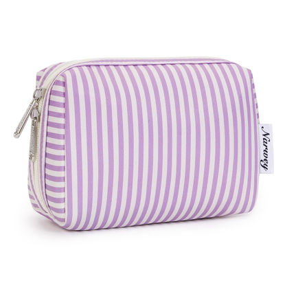 Picture of Narwey Small Striped Makeup Bag for Purse Mini Cosmetic Bag Travel Makeup Pouch Zipper Pouch Cute Make up Bags with Compartments for Women Girls (Purple Stripe, Small)