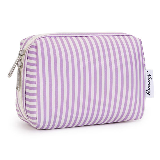 Picture of Narwey Small Striped Makeup Bag for Purse Mini Cosmetic Bag Travel Makeup Pouch Zipper Pouch Cute Make up Bags with Compartments for Women Girls (Purple Stripe, Small)