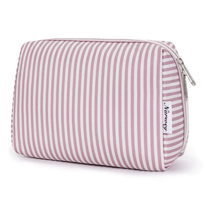 Picture of Narwey Striped Makeup Bag Travel Cosmetic Bag Organizer Toiletry Bag Make Up Bags with Compartments for Women Girls (Large, Dusty Rose Stripe)