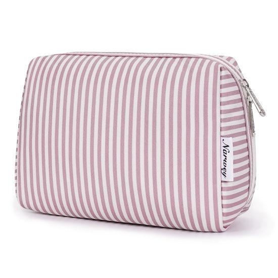 Picture of Narwey Striped Makeup Bag Travel Cosmetic Bag Organizer Toiletry Bag Make Up Bags with Compartments for Women Girls (Large, Dusty Rose Stripe)