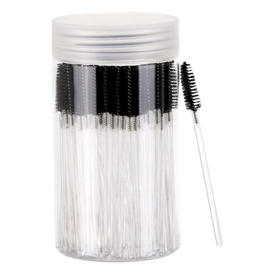 Picture of 100 Pcs Disposable Mascara Wands, Crystal Eyebrow Spoolies Brush for Eyelash Extensions, Makeup Applicators Kits Eyelash Brush with Container (Black)