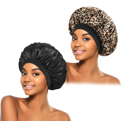Picture of 2Pcs Satin Bonnet for Sleeping, Silk Hair Bonnets, Soft Elastic Band Silk Sleep Cap, Hair Wrap for Women(Black Leopard)