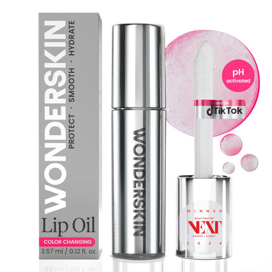 Picture of Wonderskin Lip Rehab Serum Oil - Color Changing Lip Oil from Clear to Pink - PH-activated, Non-sticky & Hydrating Tinted Serum for Dry Lips (Kissed)