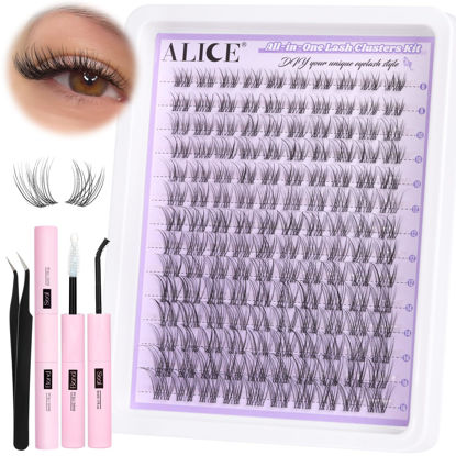 Picture of ALICE Lash Clusters Kit Natural Wispy Lash Extension Kit Clear Band Cluster Eyelash Extensions 140pcs C Curl 8-16mm Individual Lashes with Lash Glue Bond and Seal and Tweezers DIY at Home