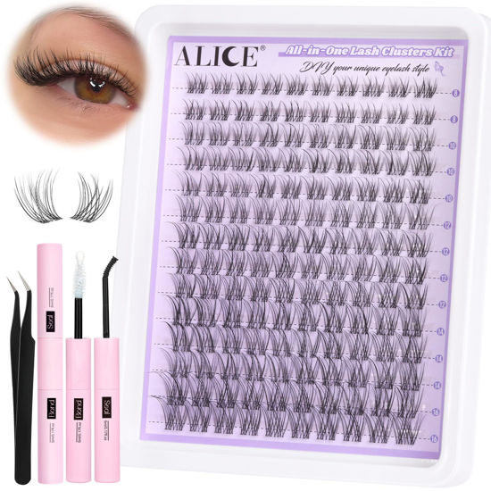 Picture of ALICE Lash Clusters Kit Natural Wispy Lash Extension Kit Clear Band Cluster Eyelash Extensions 140pcs C Curl 8-16mm Individual Lashes with Lash Glue Bond and Seal and Tweezers DIY at Home