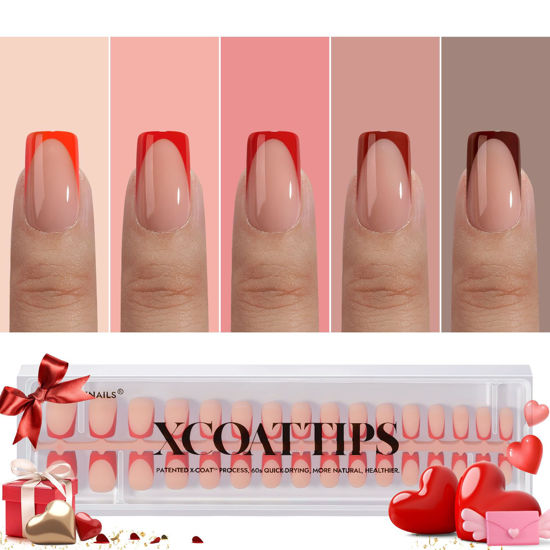 Picture of BTArtboxnails XCOATTIPS French Tip Press on Nails - Red Press On Nails Short, Valentines Square Fake Nails, 160Pcs Soak Off Soft Gel Acrylic Nail Extension in 16 Sizes