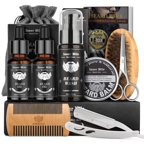 Picture of Isner Mile Beard Grooming Kit for Men Beard Care Kit with Beard Shampoo, Beard Oil, Balm, Brush, Comb, Scissors & Storage Bag Father's Day, Christmas & Birthday Gifts for Men Stocking Stuffers for Him