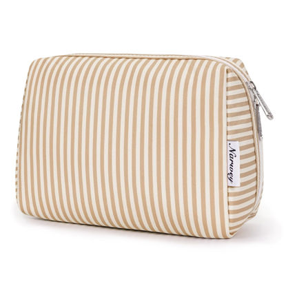 Picture of Narwey Striped Makeup Bag Travel Cosmetic Bag Organizer Toiletry Bag Make Up Bags with Compartments for Women Girls (Large,Brown Stripe)