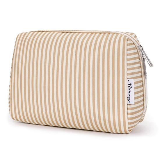 Picture of Narwey Striped Makeup Bag Travel Cosmetic Bag Organizer Toiletry Bag Make Up Bags with Compartments for Women Girls (Large,Brown Stripe)