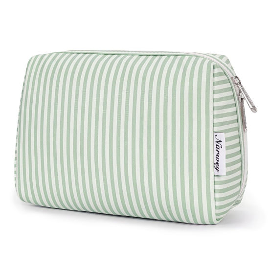 Picture of Narwey Striped Makeup Bag Travel Cosmetic Bag Organizer Toiletry Bag Make Up Bags with Compartments for Women Girls (Large, Mint Green Stripe)