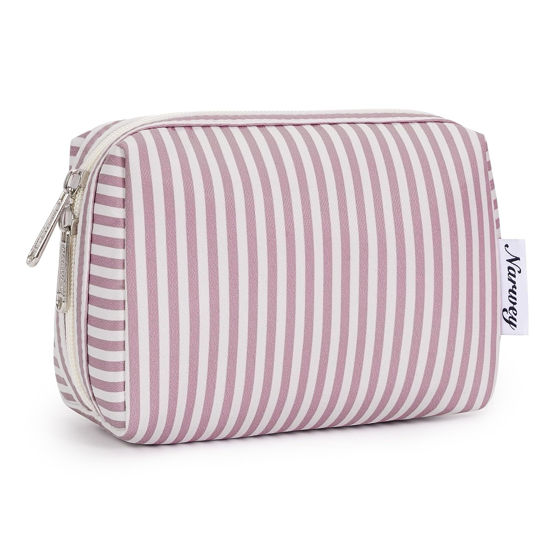 Picture of Narwey Small Striped Makeup Bag for Purse Mini Cosmetic Bag Travel Makeup Pouch Zipper Pouch Cute Make up Bags with Compartments for Women Girls (Dusty Rose Stripe, Small)