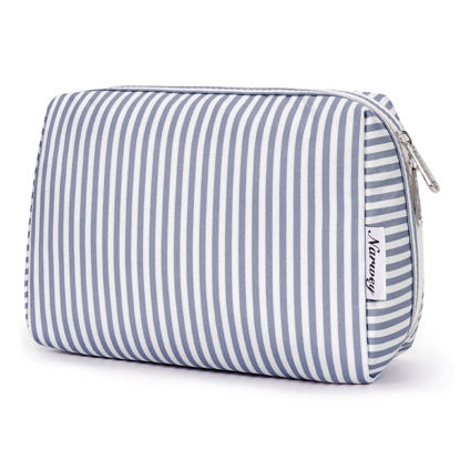 Picture of Narwey Striped Makeup Bag Travel Cosmetic Bag Organizer Toiletry Bag Make Up Bags with Compartments for Women Girls (Large, Greyish Blue Stripe)