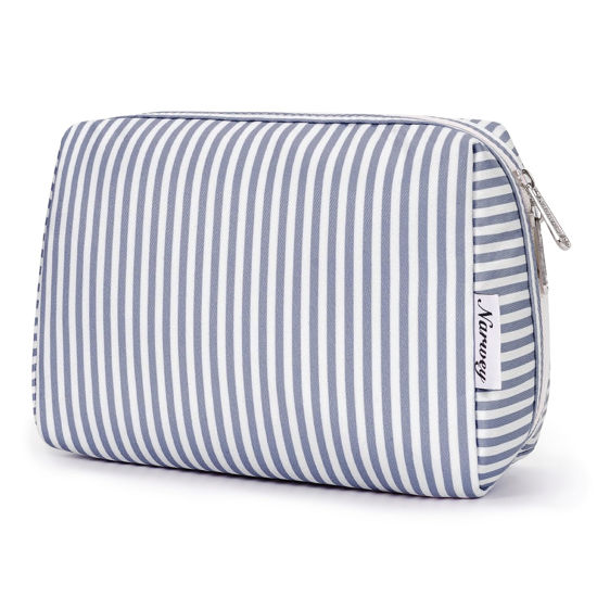Picture of Narwey Striped Makeup Bag Travel Cosmetic Bag Organizer Toiletry Bag Make Up Bags with Compartments for Women Girls (Large, Greyish Blue Stripe)