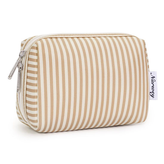 Picture of Narwey Small Striped Makeup Bag for Purse Mini Cosmetic Bag Travel Makeup Pouch Zipper Pouch Cute Make up Bags with Compartments for Women Girls (Brown Stripe, Small)