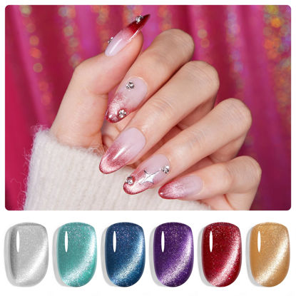Picture of Beetles Cat Eye Gel Nail Polish Set, 6 Colors Magnetic Gel Nail Polish, Holographic Glitter Burgundy Red Blue Purple Gel Polish Magnetic Effect Sparkle Stunning Nail Polish Velvet Nail Salon DIY Home