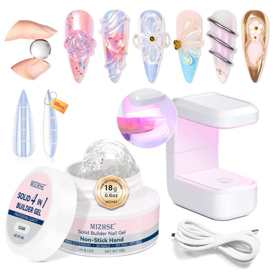 Picture of MIZHSE Solid Builder Gel for Nails, 18g Clear Non-sticky Hard Gel for Nail with Mini U V Nail Lamp, 3D Sculpting Nail Gel for Nail Art Builder Gel for Manicure Home DIY