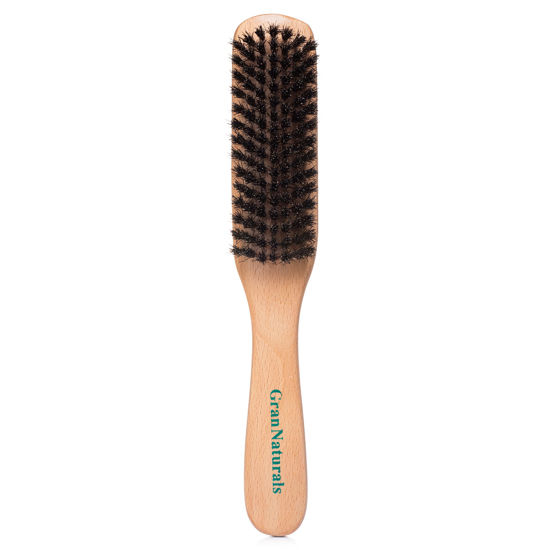Picture of GranNaturals Boar Bristle Slick Back Hair Brush - Soft/Medium Smoothing Hairbrush to Style, Polish, & Lay Hair Down Flat to Create a Sleek Frizz Free Hairstyle for Women and Men - Wooden Handle