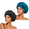 Picture of 2Pcs Silk Bonnet for Sleeping, Satin Hair Bonnets, Soft Elastic Band Silk Sleep Cap, Hair Wrap for Women(Black Peacock Blue)