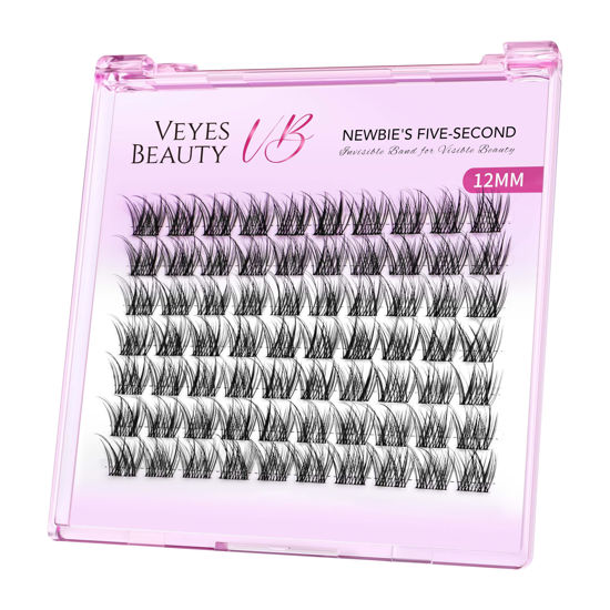 Picture of VEYESBEAUTY Lash Clusters Individual Eyelash Extensions Thin & Invisible Band DIY False Eyelashes for Self-application Newbie's Five-Second Series Wispy Lash Tray, LuxeBold 12mm Single Length
